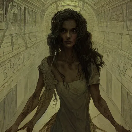 Image similar to shadowy spirit in abandoned hospital hallway, horror, creepy, intricate, elegant, highly detailed, digital painting, artstation, concept art, smooth, sharp focus, illustration, art by artgerm and greg rutkowski and alphonse mucha