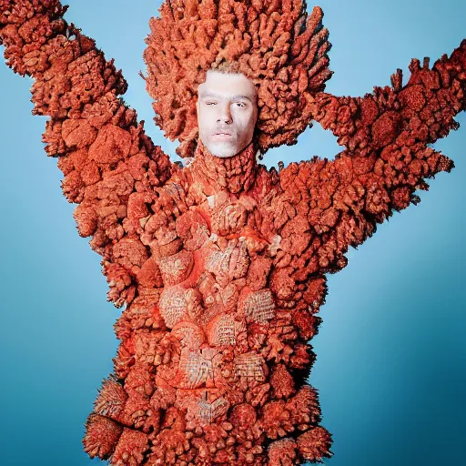 Image similar to a portrait of a beautiful young male wearing an alexander mcqueen armor made of coral reef , photographed by andrew thomas huang, artistic