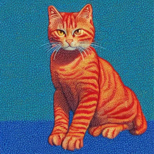 Image similar to a red tabby cat looking sly, pointillist style