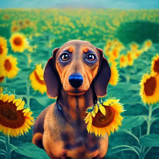 Prompt: portrait of a cute dachshund, in a field of sunflowers, rich vivid colors, ambient lighting, dynamic lighting, 4k, official media, anime key visual, makoto shinkai, ilya kuvshinov, lois van baarle, rossdraws, detailed, trending on artstation