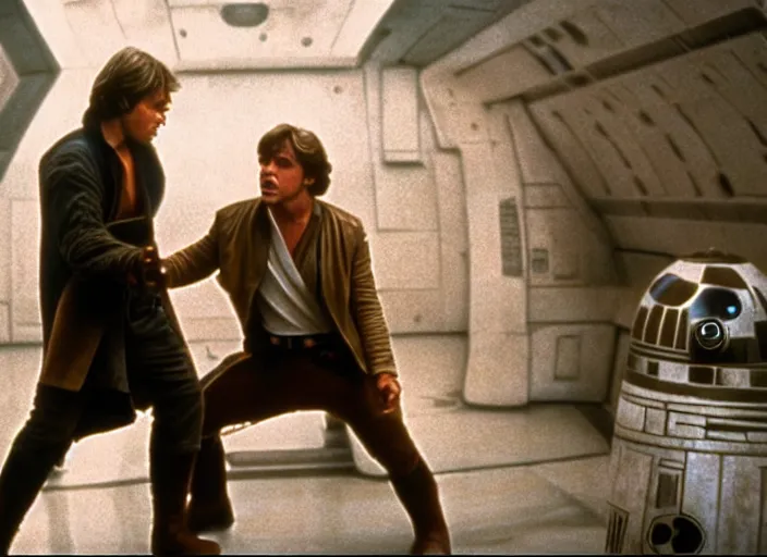 Prompt: epic screenshot portrait of Luke Skywalker arguing with Han Solo, marble temple, iconic scene from the force awakens, 1980s film directed by Stanley Kubrick, cinematic lighting, kodak, strange, hyper real, stunning moody cinematography, with anamorphic lenses, crisp, detailed portrait, 4k image