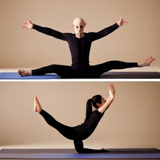 Prompt: portrait of nosferatu doing yoga, sport photography