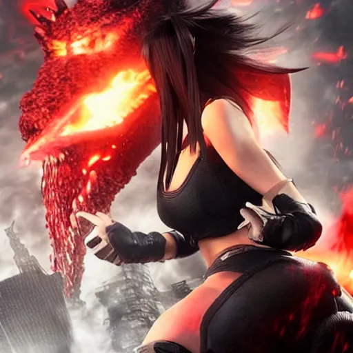 Image similar to a giant tifa from final fantasy 7 remake destroying a city like godzilla while smiling, digital art, octane render, award winning, very detailed, full body portrait, 3d render, detailed facial expressions, destroyed city, destruction, fire, video game art, no text