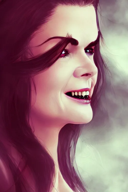 Image similar to mix of beautiful young maria shriver, mariel hemmingway, brooke shields, nicole kidman and elle macpherson as a vampire showing vampire teeth, ready to bite, thin lips, hair tied up in a pony tail, dark blonde hair, colorful, deviantart, artstation, cgsociety