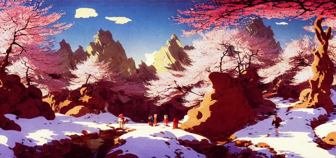 Image similar to ghibli illustrated background of a trail leading through a strikingly beautiful snowy landform with strange rock formations and red water, and cherry blossoms by vasily polenov, eugene von guerard, ivan shishkin, albert edelfelt, john singer sargent, albert bierstadt 4 k