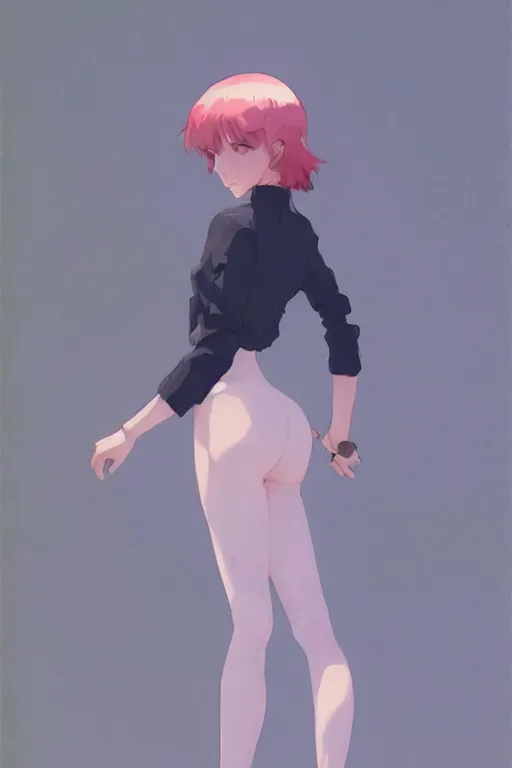 Image similar to a beautiful boyish natalie portman gravure model, cute girl with short pink hair, white loose plastic inflatable coat, mechanical arm, black tight pants, trending on pixiv fanbox, painted by greg rutkowski makoto shinkai takashi takeuchi studio ghibli, akihiko yoshida