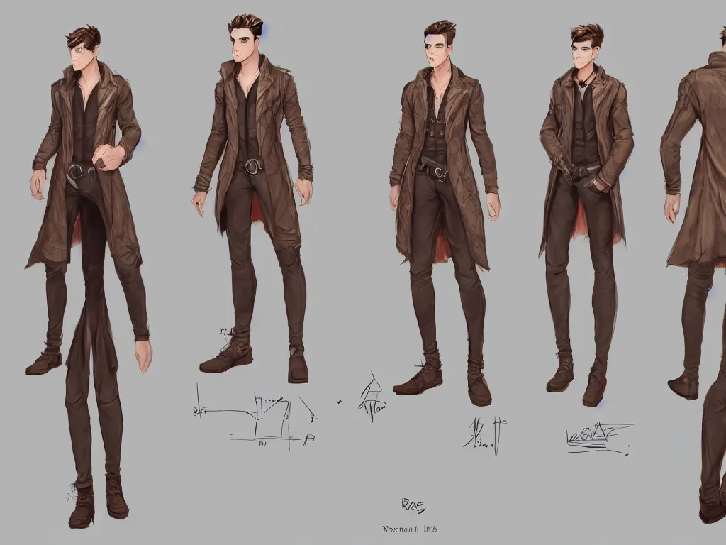 Prompt: traditional concept art of a male fashion character reference sheet in high quality with photographic details, full body, visible face, vibrant colours, assasin