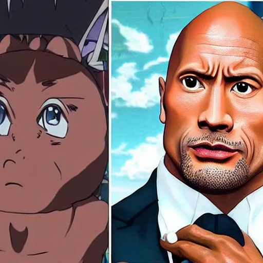 Prompt: dwayne johnson in an anime, drawing, miyazaki,