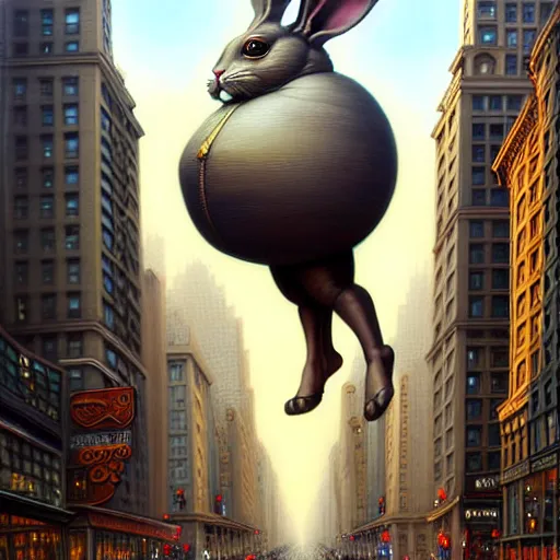 Image similar to gigantic crying bunny in the middle of downtown new york, intricate, elegant, highly detailed, centered, digital painting, artstation, concept art, smooth, sharp focus, illustration, artgerm, Tomasz Alen Kopera, Peter Mohrbacher donato giancola, Joseph Christian Leyendecker, WLOP, Boris Vallejo