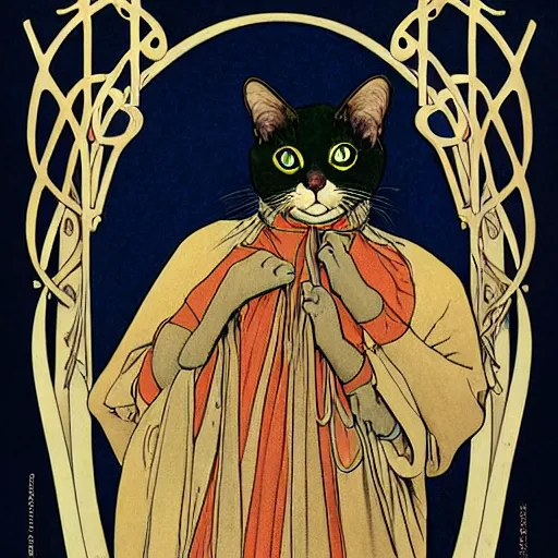 Image similar to an art nouveau cat wearing a hooded coat by moebius and james gurney and mucha