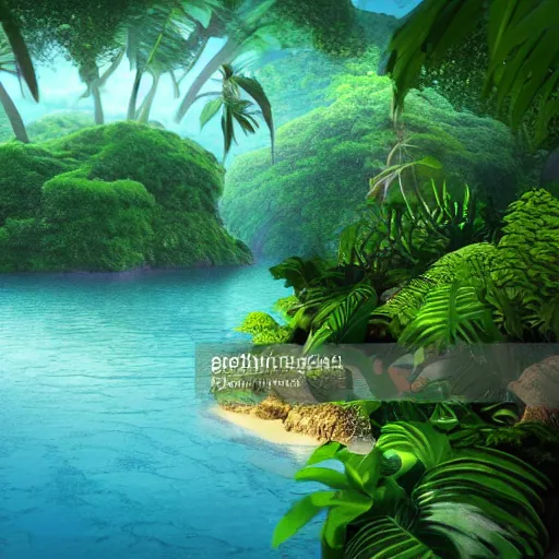 Image similar to dreamy landscape of a beautiful jungle ocean land, 3 d render