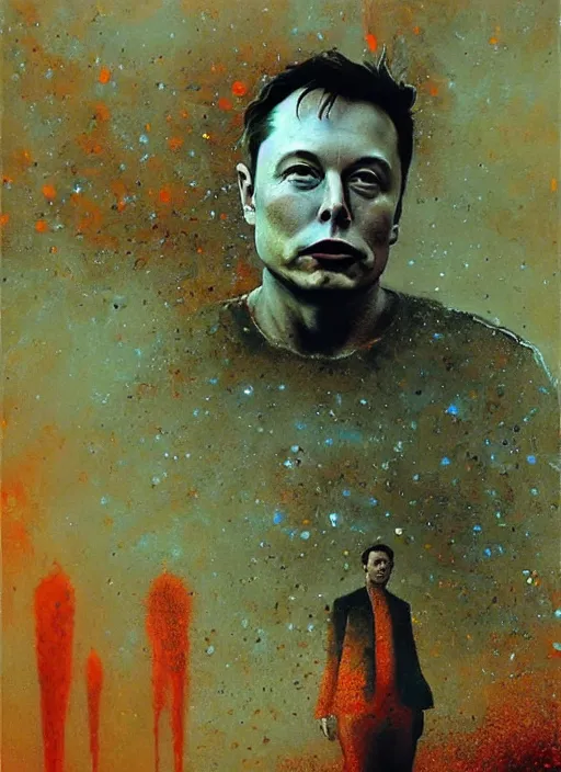 Image similar to A painting of Elon Musk in style of Beksinski. Very detailed