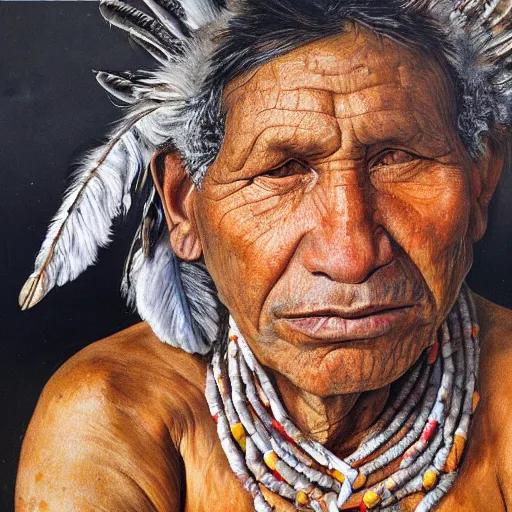 Prompt: high quality high detail painting by lucian freud, hd, portrait of a indigenous tribe leader with feathers, photorealistic lighting
