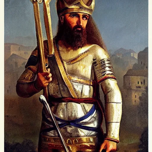 Prompt: historical painting by jean - jacques scherrer of a christian maronite warrior and his sword, perfect face, perfect eyes, very detailed, very realistic, elegant, top art, renowed artwork, highest resolution
