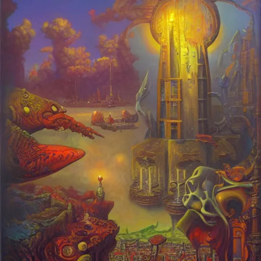 Prompt: surrealism, symbolism, by James gurney, Bruce Penningtonn, Ron Walostky, Paul Lehr and Brom