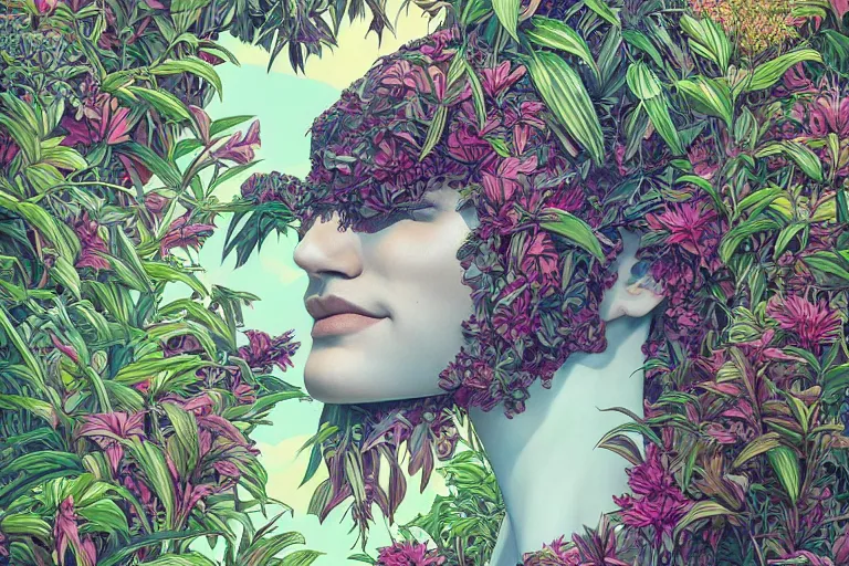 Image similar to gigantic robot head, a lot of exotic vegetation, trees, flowers by moebius, junji ito, tristan eaton, victo ngai, artgerm, rhads, ross draws, hyperrealism, intricate detailed