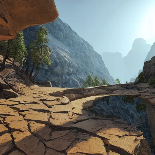 Image similar to pathway canyon in between mountains, unreal engine, high detail, realism, award winning, detailed lighting