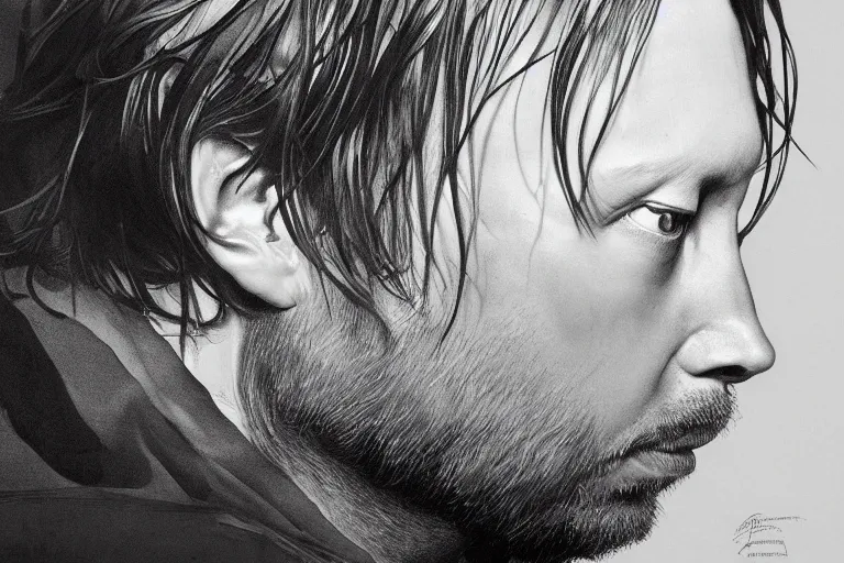 Image similar to hyper realistic portrait of ( thom ) yorke singer songwriter ok computer, side profile, liminal space, by lee bermejo, alphonse mucha and greg rutkowski