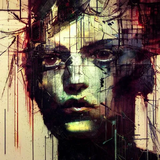 Prompt: portrait of a cyberpunk, wires, machines, in a dark future city by jeremy mann, francis bacon and agnes cecile, and dave mckean ink drips, paint smears, digital glitches glitchart c - 1 0