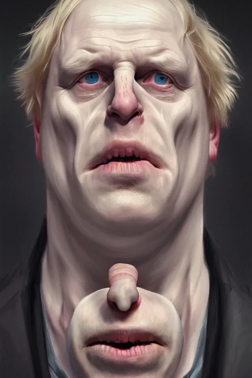 Image similar to Boris Johnson as Lord Voldemort without nose, realistic portrait, symmetrical, highly detailed, digital painting, artstation, concept art, smooth, sharp focus, illustration, cinematic lighting, art by artgerm and greg rutkowski and alphonse mucha