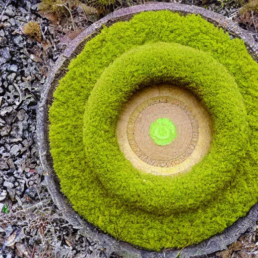 Image similar to radial statue with very yellow moss