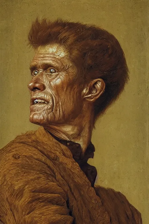 Prompt: portrait of willem dafoe with too many face wrinkles, oil painting by jan van eyck, northern renaissance art, oil on canvas, wet - on - wet technique, realistic, expressive emotions, intricate textures, illusionistic detail