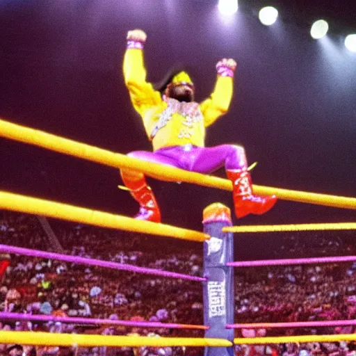 Image similar to Macho Man Randy Savage performing elbow drop from extreme height. Extreme wide angle!! very low perspective! High Quality, 4k