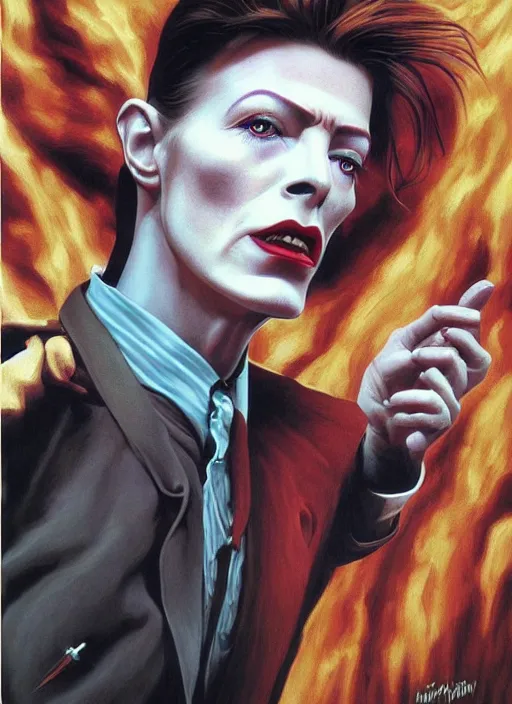 Image similar to twin peaks poster art, portrait of david bowie fights off the temptation for human instrumentality, by michael whelan, rossetti bouguereau, artgerm, retro, nostalgic, old fashioned