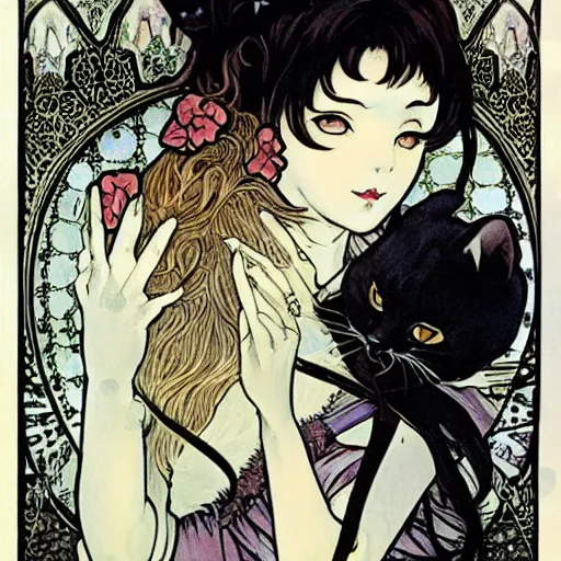 Image similar to gothic lolita and her cat companion. chiaroscuro manga artbook illustration by clamp and alphonse mucha.