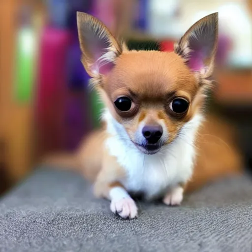 Image similar to a half chihuahua half cat hybrid with long fluffy cat tail and cat eyes, chihuahua body