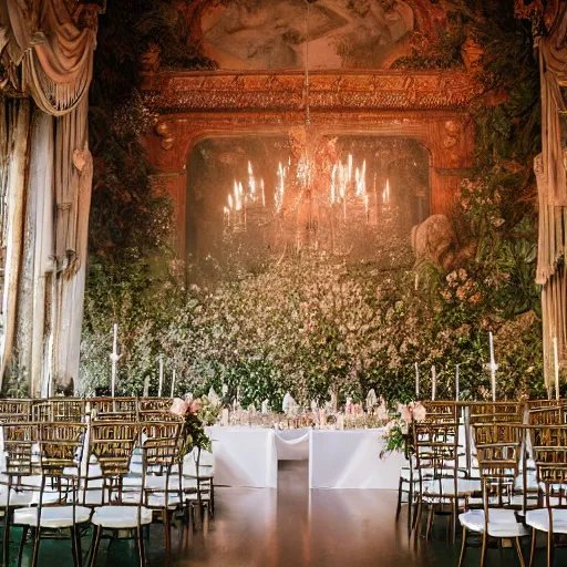 Image similar to A photograph of inside a castle of a royal wedding floral covered venue inspired by a enchanted ethereal forest.