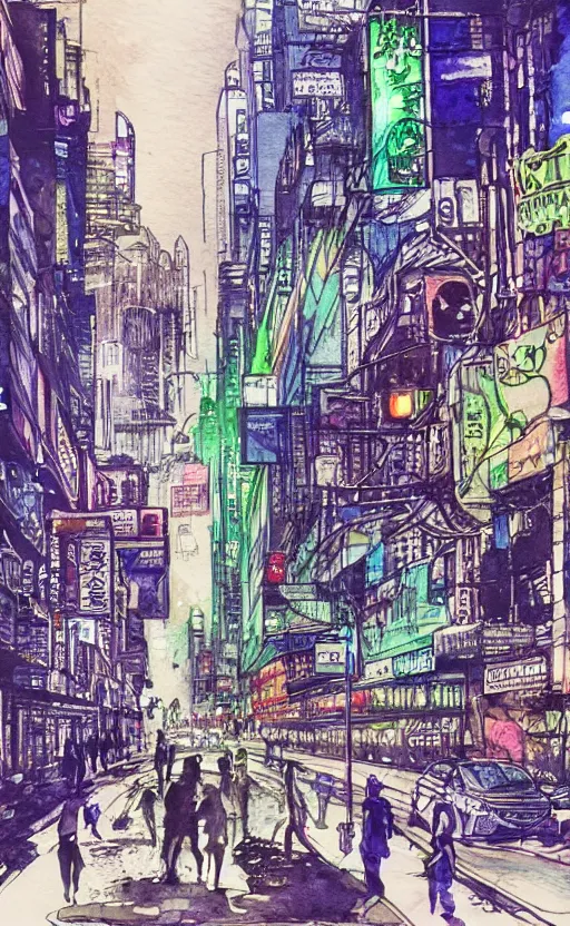 Image similar to A busy cyberpunk street, magical, watercolor-calligraphy-pen drawing