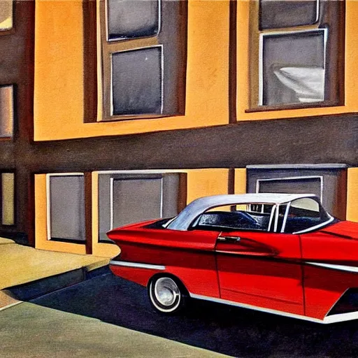 Image similar to painting of a 1960s American car parked outside of an apartment block, atmospheric lighting, detailed, optimistic