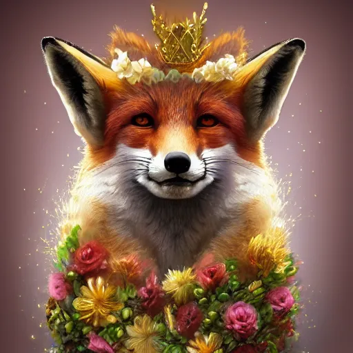 Image similar to portrait of a fox wearing a tiara wreath flowers, fantasy art, trending on artstation deviantart, beautiful art, highly detailed