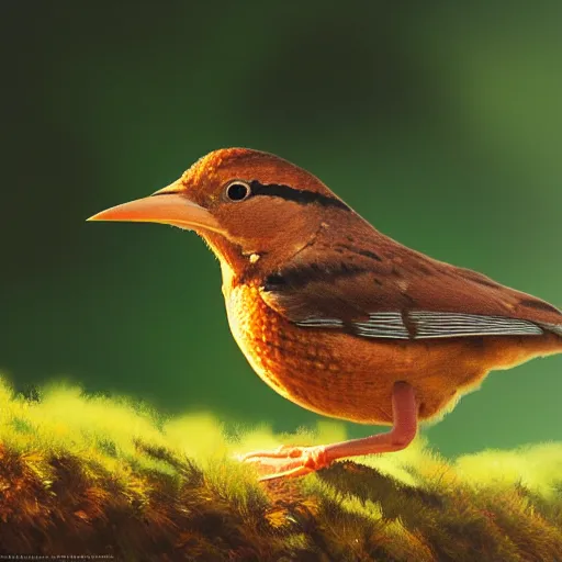 Image similar to closeup of a spanish wren bird in avila, chochin, green fields pinetrees, summer season, 4 k, midday light, concept art, by wlop, ilya kuvshinov, artgerm, krenz cushart, greg rutkowski, pixiv. cinematic dramatic atmosphere, sharp focus, volumetric lighting, cinematic lighting, studio quality