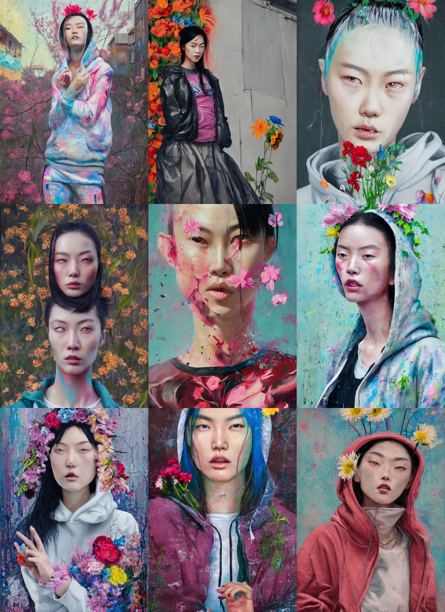 Prompt: still from music video of liu wen from die antwoord standing in a township street, wearing a hoodie and flowers, street clothes, full figure portrait painting by martine johanna, ilya kuvshinov, rossdraws, pastel color palette, detailed impasto brushwork, impressionistic