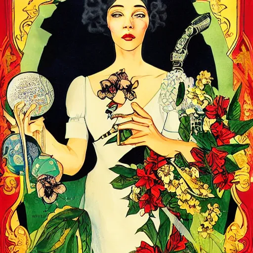 Image similar to a royal portrait of a cyborg woman. she holds a globe in one hand and flowers in the other. illustrated by burton rice. black orchid movie poster. 1 9 1 2.