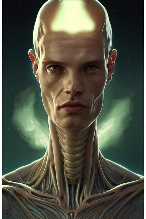 Image similar to clear portrait of a alien attractive men, cottagecore!!, background hyper detailed, character concept, full body, dynamic pose, glowing lights!! intricate, elegant, highly detailed, digital painting, artstation, concept art, smooth, sharp focus, illustration, art by artgerm and greg rutkowski and alphonse mucha