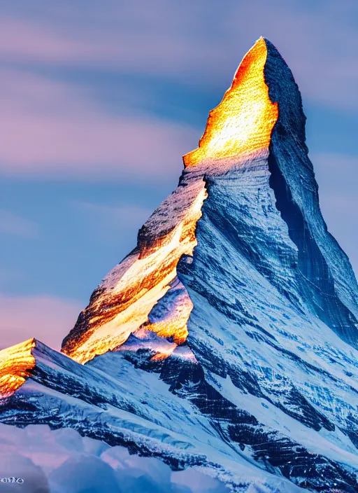 Prompt: photo matterhorn mountain of huge swarovski crystals, clear edges, medium full shot, 7 0 mm, hyperrealistic, cinematic, no blur, intricate details, cinematic lighting