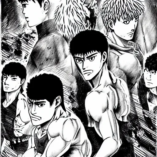 Image similar to hajime no ippo drawn in berserk format, by kentaro miura