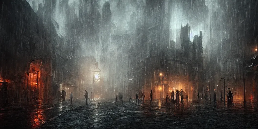 Image similar to A hauntingly beautiful city in a dark cavern, rainy and gloomy atmosphere, fantasy digital art, octane render, beautiful composition, trending on artstation, award-winning photograph, masterpiece