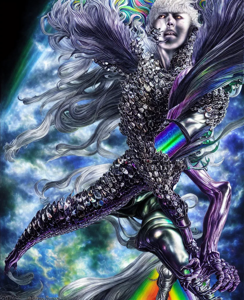 Image similar to realistic detailed image of ultra wrathful rainbow diamond iridescent mega griffith from berserk, depth perception, depth of field, action horror by ayami kojima, neo - gothic, gothic, part by adrian ghenie and gerhard richter. art by yoshitaka amano. masterpiece