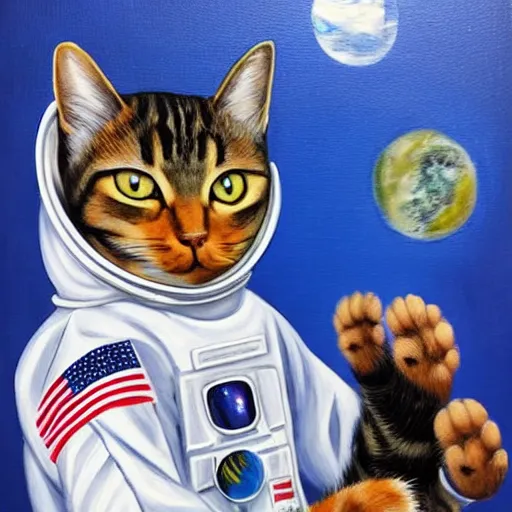 Image similar to a cat astronaut in front of a space station, oil painting