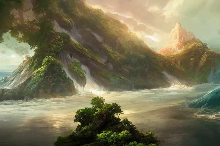 Prompt: a beautyful island from afar with forests and a mountain in open ocean, art by Charlie Bowater, artstation, highly detailed, magic the gathering art, fantasy