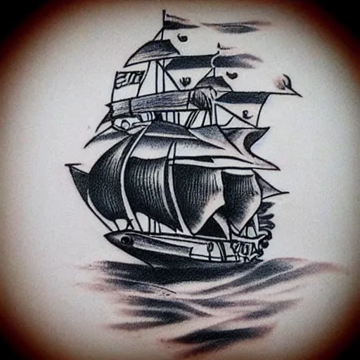 Image similar to A pirate ship tattoo design in the design of Dmitriy Samohin