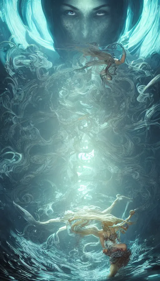 Image similar to soul hunters underwater, fame of thrones, lord of daggers, neon, fibonacci, sweat drops, insane, intricate, highly detailed, digital painting, artstation, concept art, smooth, sharp focus, illustration, Unreal Engine 5, 8K, art by artgerm and greg rutkowski and alphonse mucha