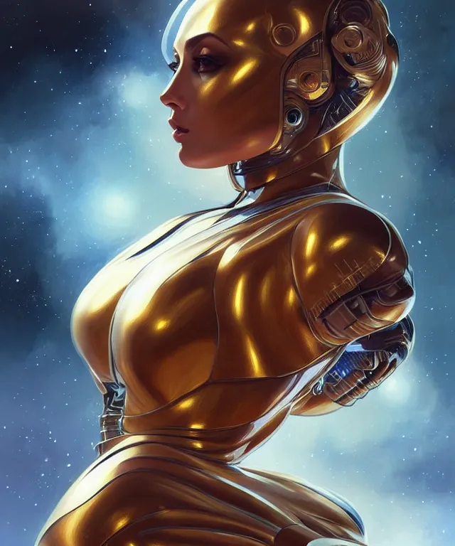 Prompt: futuristic Bodycon spacesuit of an alluring woman portrait, sci-fi, amber eyes, face, long hair, fantasy, intricate, elegant, highly detailed, digital painting, artstation, concept art, smooth, sharp focus, illustration, art by artgerm and greg rutkowski and alphonse mucha