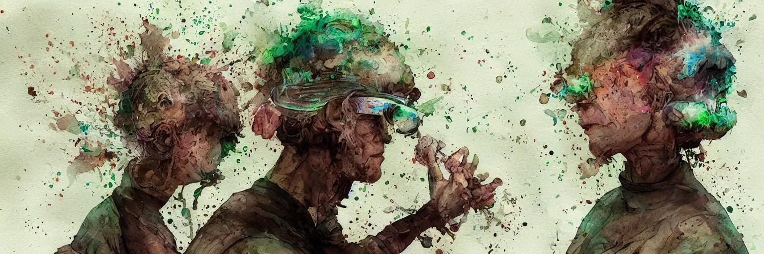 Prompt: plant based warrior monk wearing augmented reality visor while meditating by Jean-Baptiste Monge, post processing, painterly, book illustration watercolor granular splatter dripping paper texture. Trending on artstation, post processing, pen and ink work. sharp focus.