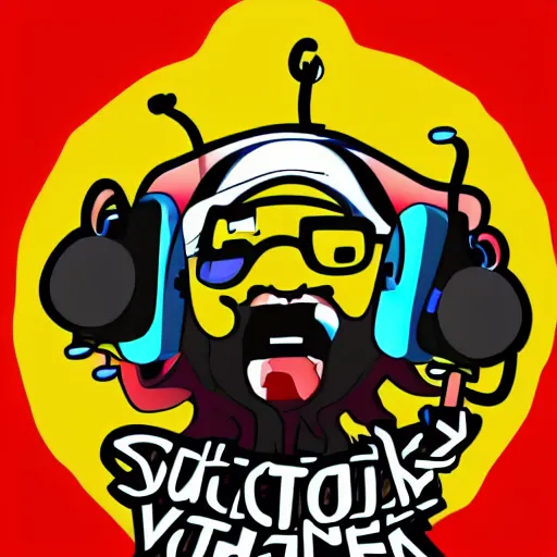 Image similar to svg vector sticker of absolutely insane-mad-scientist-villain, rocking out, wearing headphones, huge speakers, dancing, rave, DJ, spinning records, digital art, amazing composition, rule-of-thirds, award-winning, trending on artstation, featured on deviantart