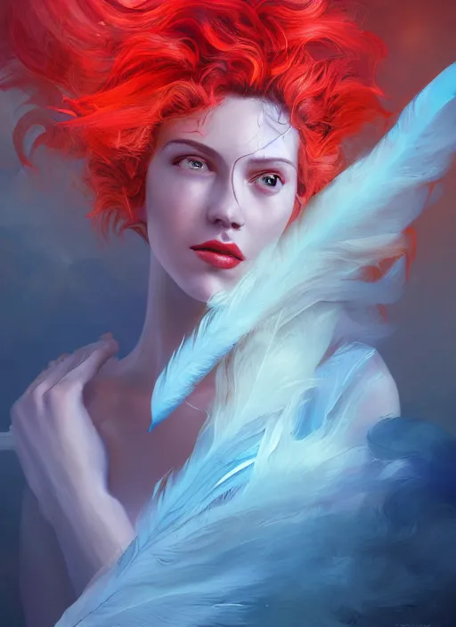 Image similar to a painting of a woman who made of curly and transparent feathers and cloud with red edges is holding a sword, a digital painting by charlie bowater, made of many translucent layers of blue feathers and cloud, metaphysical painting, speedpainting, digital painting, holographic undertones, highly saturated colors, 4 k, glossy eyes, concept art, trending on artstation